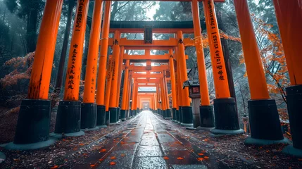 Fotobehang Kyoto - May 28, 2019: Torii gates of the Fushimi Inari Shinto shrine in Kyoto, Japan © ryker