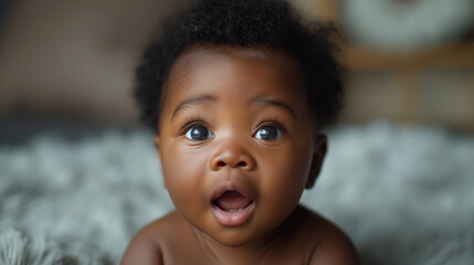 Funny black baby with curly hair and open mouth as surprised reaction. Selective focus. Copy space 