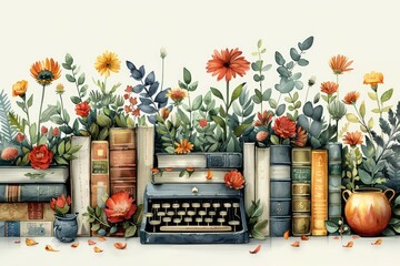 Typewriter, books and flowers, watercolor sketch for day of poetry or prose. Generative AI - obrazy, fototapety, plakaty