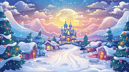 Enchanted Winter Castle in Snowy Landscape Colorful illustration of a whimsical winter scene with a castle, snow-covered trees, and a festive atmosphere under a twilight sky.

