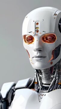 Humanoid robot with glowing red eyes. Futuristic artificial intelligence concept for technology and robotics design. Modern white android. Bot. Plain light background. Vertical