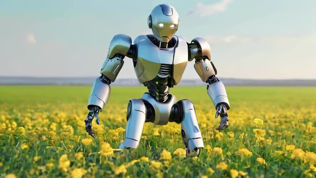 Advanced humanoid robot amid blooming flowers. Modern white android. Intersection of technology and ecology. Concept innovation, eco-friendly robotics, and scientific exploration.