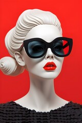 3D Mannequin Head in Vogue-Style Sunglasses Exuding Retro Fashion on a Bold Red Backdrop