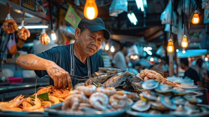 Man selling fresh seafood at the fish market and a variety of seafood