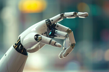 mechanical robot arm, with white plastic and iron parts, pressing a finger, on a blurred background