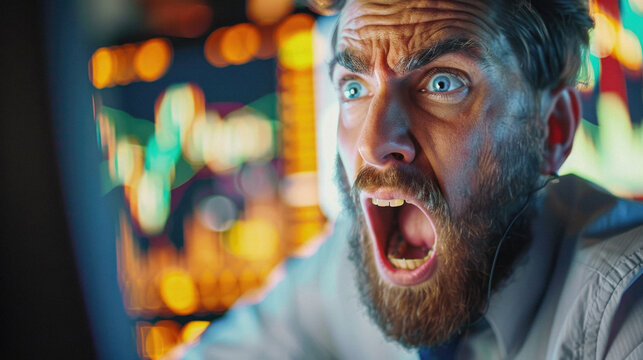 Angry stressed business man stock trading market investor or financial broker, businessman trader desperate with money loss, stock market fall crash drop, economic recession or bankruptcy.
