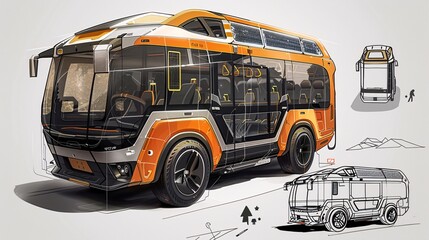 a hand-painted, beautiful intelligent campus mini bus, featuring solar charging. Include a detailed three-view drawing analysis, presented in black and white line drawing, single line style
