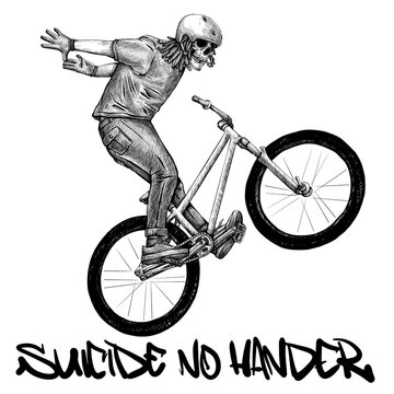 suicide no hander skull head bike trick while flying with mtb mountain biking slopestyle dirtjump downhill hardtail 26 inch digital painting illustrate black white cross hatching style hand drawn art
