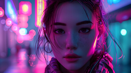 Obraz na płótnie Canvas Captivating digital portrait of a woman amidst neon signs and rain, exuding a cyberpunk vibe