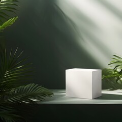 White Cube on Table Surrounded by Plants and Shadows in Minimalist Elegance