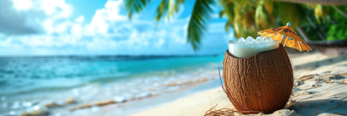 cocktails in a coconut with a decorative umbrella, a summer cold drink with ice, standing on the beach on the sand on the shore against the background of the sea, under palm leaves