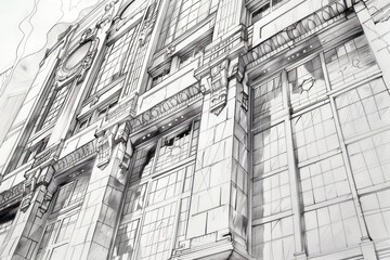 Pencil sketch of an art deco style building facade capturing the geometric patterns