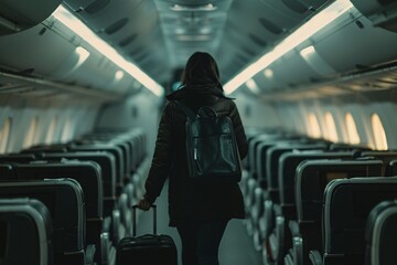 A person with a suitcase walking down the corridor, viewed from behind as they head towards the plane, ready to board.