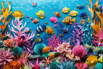 Fototapeta na wymiar Papercraft art stock image of a vibrant paper coral reef with a diversity of marine life