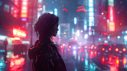 An evocative image of a woman standing in the rain, surrounded by the glow of neon signs and city lights at night
