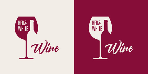 Wine Logo With Wine Glass And Bottle Red And White - 761534525