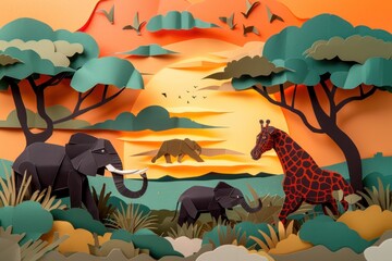 Papercraft art stock image of a paper wildlife safari animals and savannah landscape