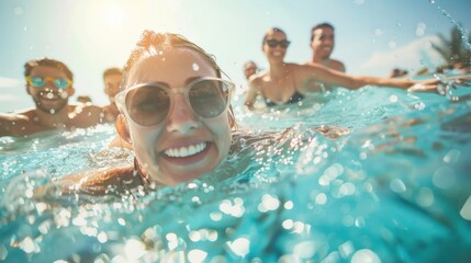photograph of Young trendy people having fun swimming in summer vacation wide angle lens realistic lighting --ar 16:9 Job ID: a2e74cec-8fde-450c-987b-a646d0181bb0 - Powered by Adobe