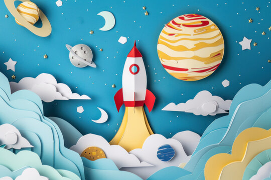 Papercraft art stock image of a space exploration scene paper rockets and planets