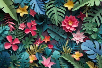Papercraft art stock image of a paper botanical garden exotic flowers and plants