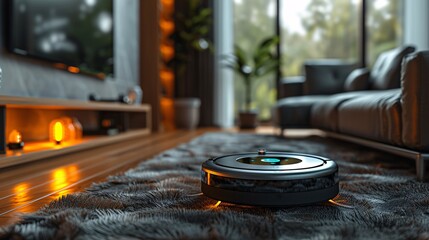 Futuristic wireless vacuum robot in action, living room setting, with HUD data and controls, space for text