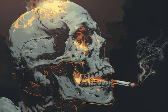 A skull exhaling smoke through clenched teeth, a lit cigarette hanging loosely, midnight aura, high-detail illustration