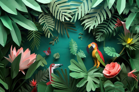 Papercraft art stock image of a lush rainforest dense paper foliage and exotic animals