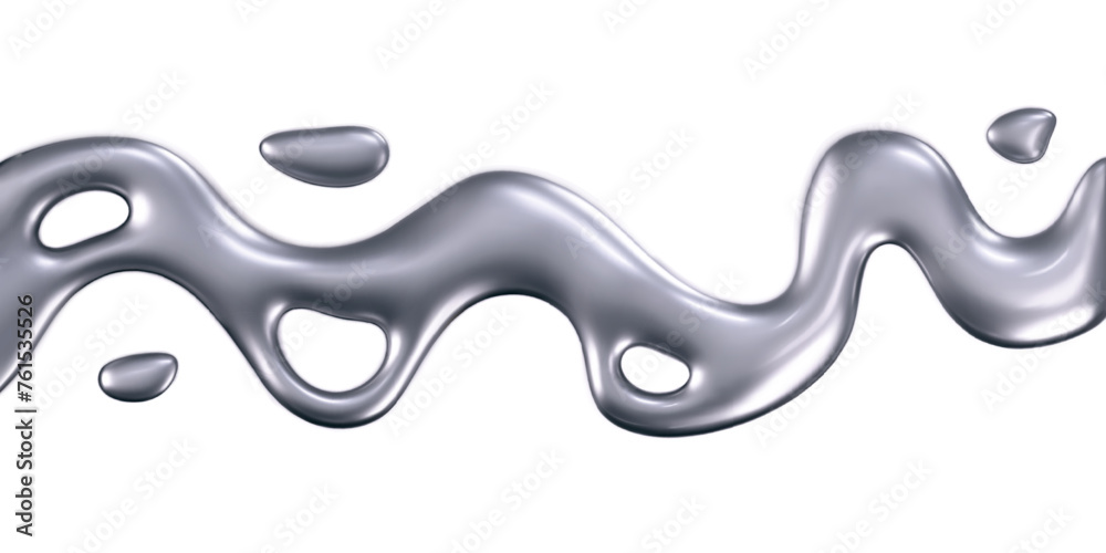 Wall mural 3d chrome liquid wave with drops isolated. render of fluid metal ribbon with reflection gradient eff