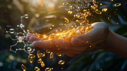 Dynamic 3D scene of golden fish oil capsules raining down into an open palm against a background that blends natural marine elements with scientific imagery - obrazy, fototapety, plakaty