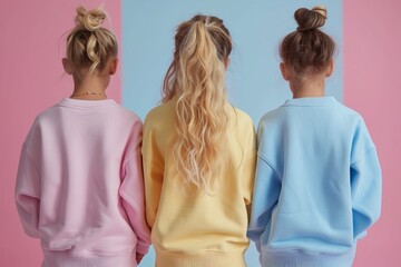 young girls wearing pastel sweaters and jeans posing for a web shop, view from back