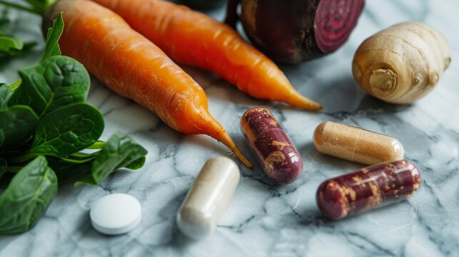 a variety of vegetable-themed vitamin capsules on a glossy white surface showcasing carrots