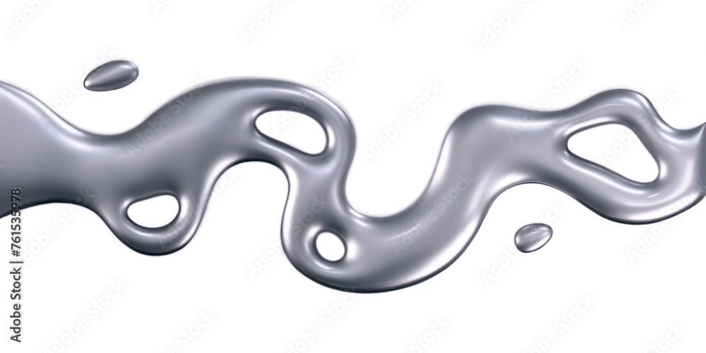 Wall mural 3d chrome liquid wave with drops isolated. render of fluid metal ribbon with reflection gradient eff