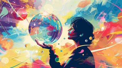 Person Gazing into Vibrant Dreamlike Crystal Ball - obrazy, fototapety, plakaty
