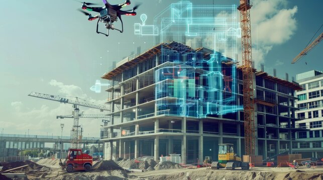 Ultra-realistic photo showing an AI-powered construction site where drones and robots work alongside human engineers using AI to optimize the placement of prefabricated elements.