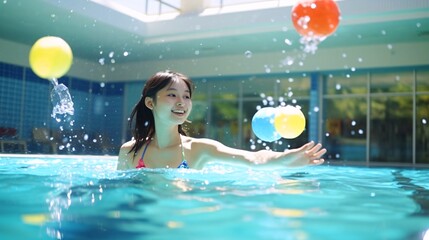夏のプール開き、プールで遊ぶ日本人女性