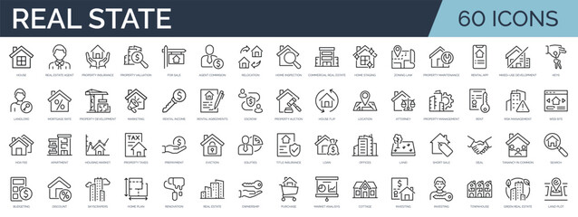 Set of 60 outline icons related to real estate. Linear icon collection. Editable stroke. Vector illustration - obrazy, fototapety, plakaty