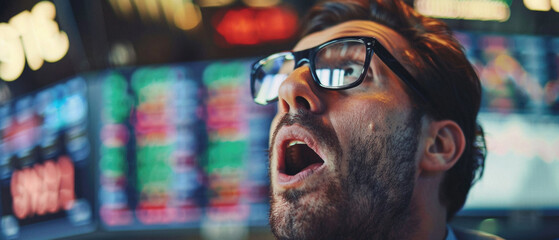 Shocked business man stock trading market investor broker, businessman trader feeling terrified looking at unbelievable financial charts. Money loss, stock market fall, economic recession bankruptcy.