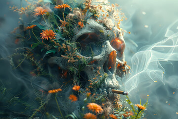 Skull cracked open with a garden of toxic plants growing inside, cigarette smoke weaving through, dark fantasy, high-detail art