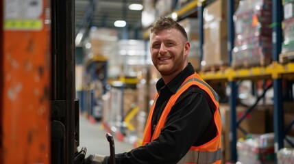Happy forklift driver smiling at camera in the warehouse background, AI Generative
