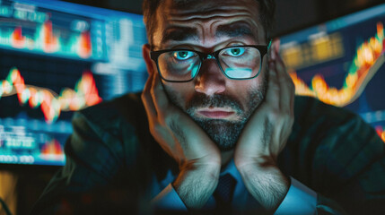Sad depressed business man stock trading market investor or financial broker, businessman trader feeling frustrated about money loss, stock market fall, economic recession or bankruptcy.