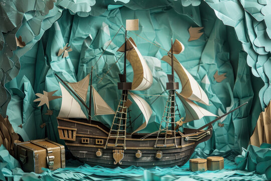 Papercraft art stock image of a classic pirate ship paper sails and treasure chest