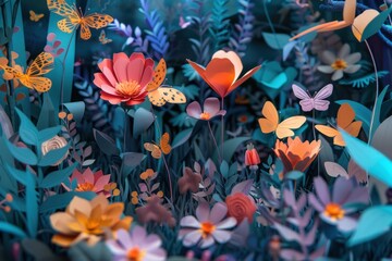 Papercraft art stock image of an enchanted garden paper flowers and butterflies