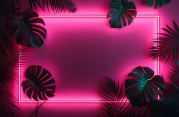 Glowing neon light with tropical monstera leaf and pink flamingo. Leaves and branches of palm trees. Generative AI. Neon frame blank space for text, flat lay, view from above