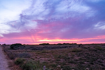 The captivating image showcases a coastal path meandering towards a striking sunset horizon. The...