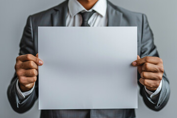 Close up of businessman holding blank white sign