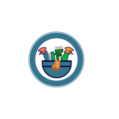 a blue logo with a cartoon character on it