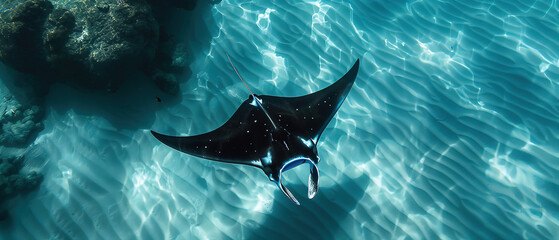 Manta Ray swimming, shallow water, ocean, shot from above - obrazy, fototapety, plakaty