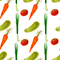 Vegetable seamless pattern in watercolor, hand drawn. Onion, tomato, zucchini, carrots. For kitchen textiles, wallpaper, menu