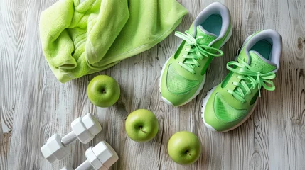 Poster A pair of green sneakers and a towel are on a wooden surface © esp2k