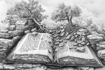 Hyper-realistic pencil drawing of an open book with words morphing into a fantasy landscape